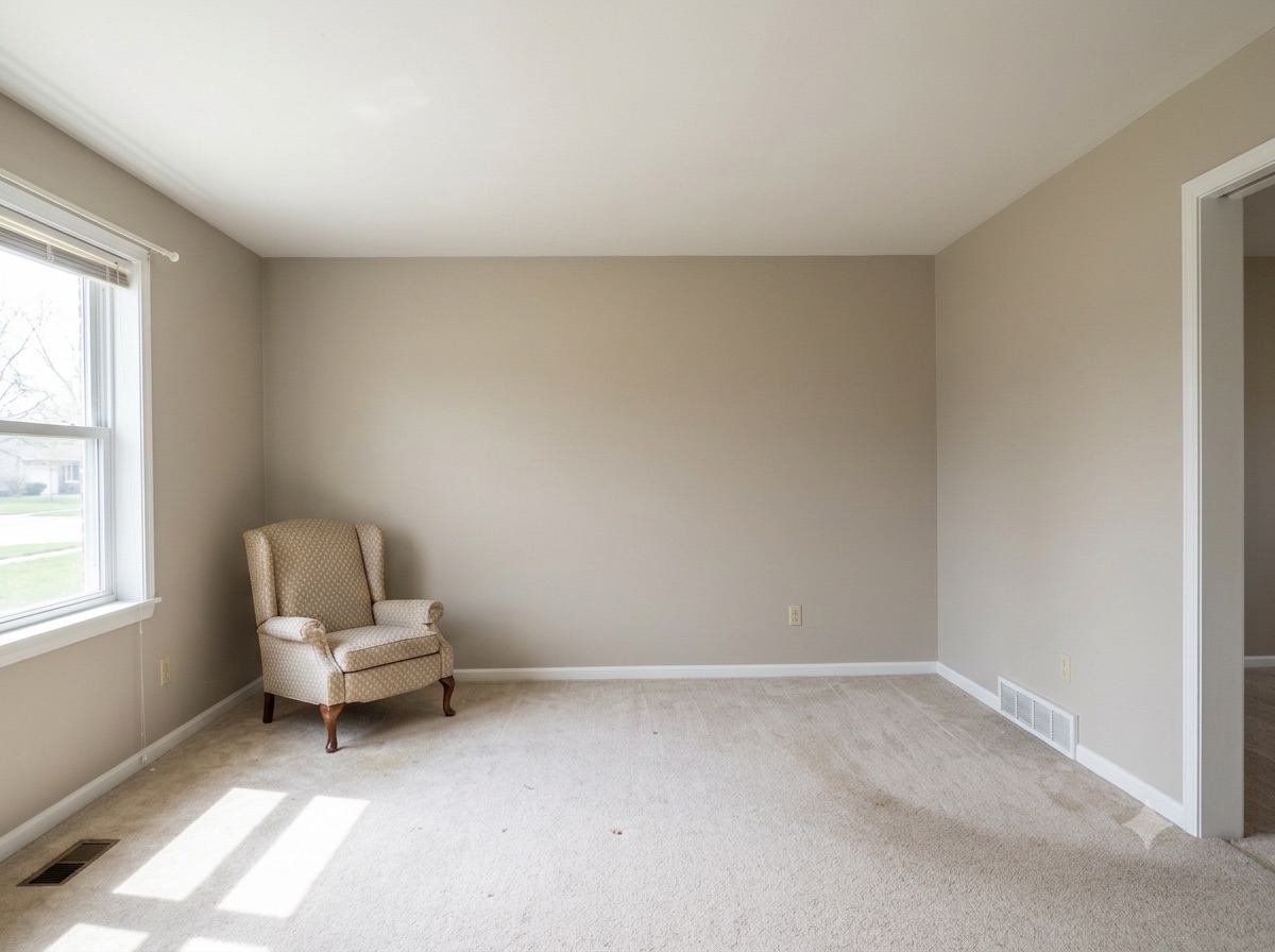 Same living room after painting — fresh warm greige with crisp white trim