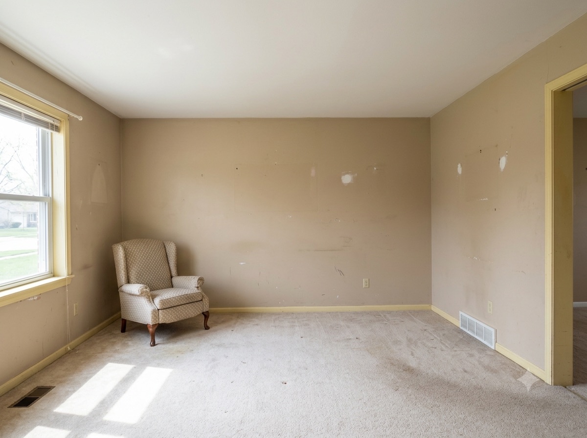 Living room before painting — dated beige walls and yellowed trim